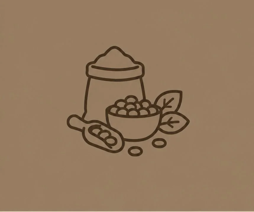 Line drawing of herbal medicine ingredients including a jar, a bowl of herbs, a root, and some leaves on a beige background.