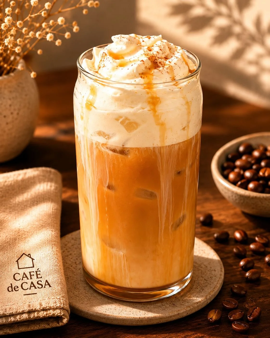 An iced coffee in a tall glass topped with whipped cream and caramel drizzle, placed on a beige coaster, with a bowl of coffee beans and a cloth napkin marked 'Café de Casa' nearby.