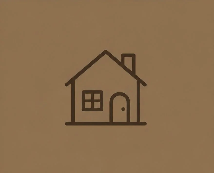 Simple black line drawing of a house with a door, window, pitched roof, and chimney on a brown background.