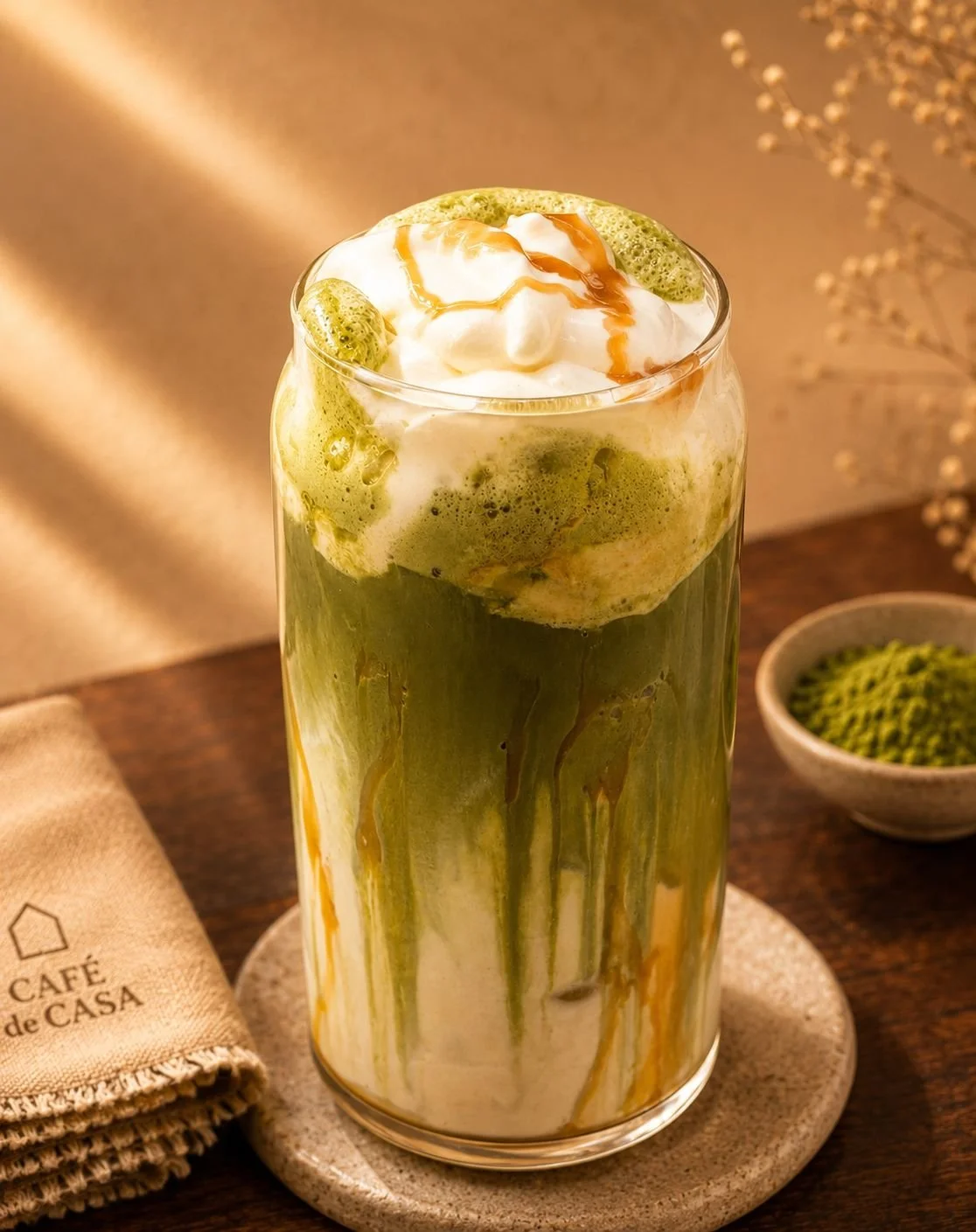 A tall glass of iced matcha latte with whipped cream and caramel drizzle, on a beige plate, with a bowl of matcha powder nearby, on a wooden table with a beige napkin.