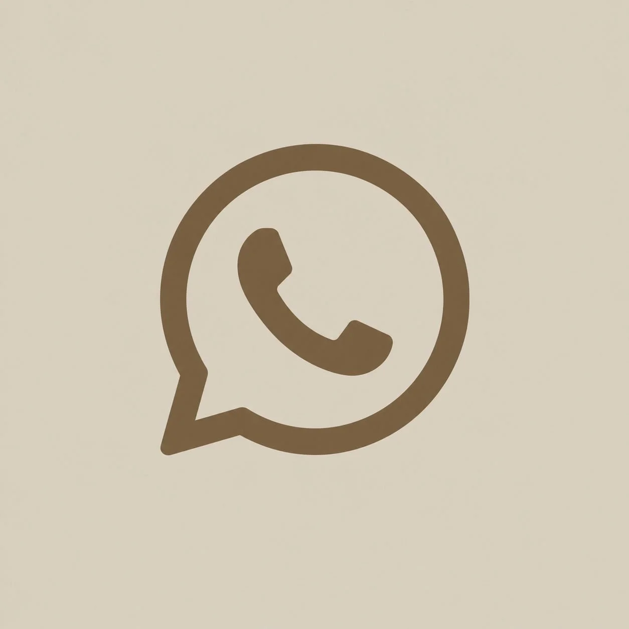 Brown WhatsApp logo with a phone icon inside a speech bubble on a beige background.
