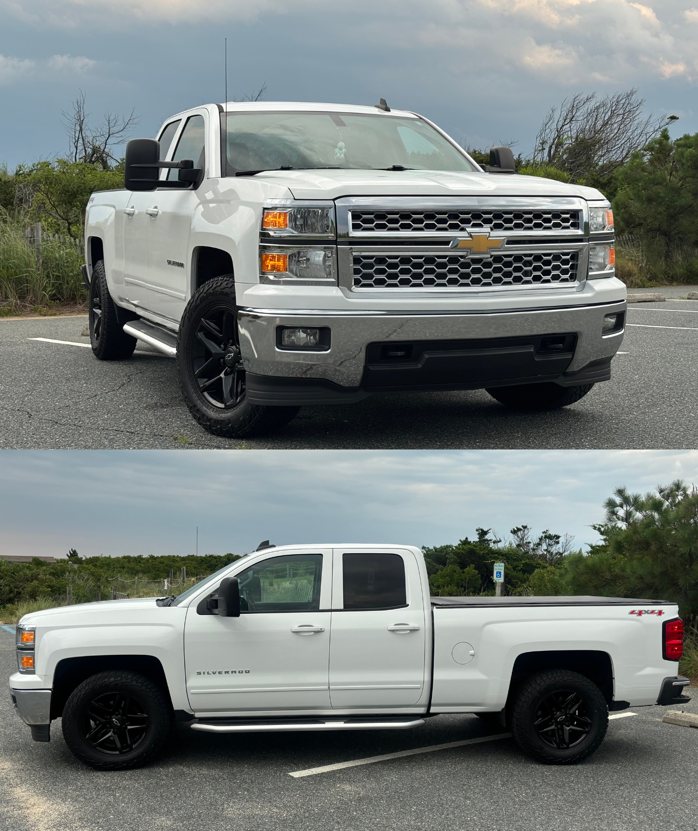Two white Chevrolet Silverado trucks parked in a lot, one front view and one side view, in an outdoor setting with cloudy skies and trees in the background.