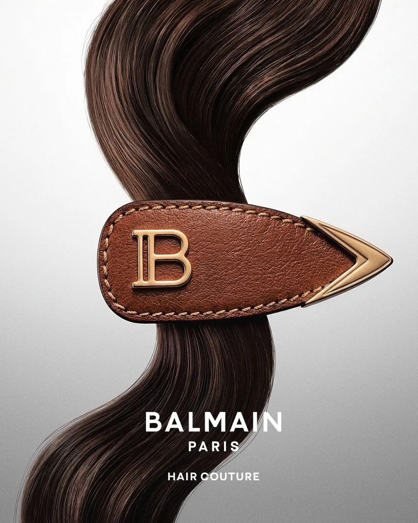 Imagen de un mechón de cabello castaño oscuro y liso sujeto con un sujetador de cuero marrón con la letra 'B' en relieve y un conector dorado en forma de flecha, con texto que dice 'Balmain Paris Hair Couture'.