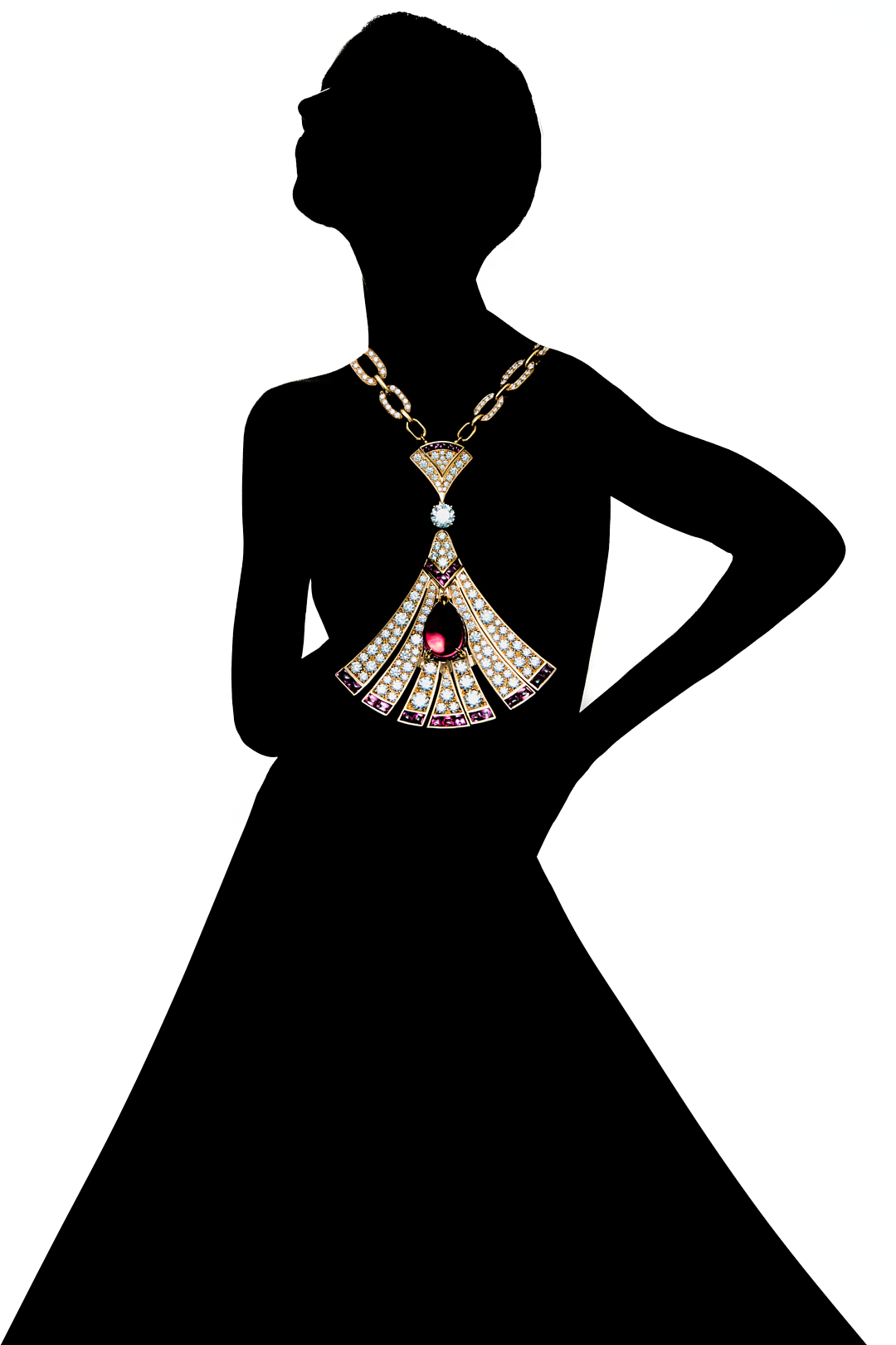 Silueta de una mujer usando un collar de joyería con piedras preciosas de varios colores, con la figura en negro y el fondo blanco.