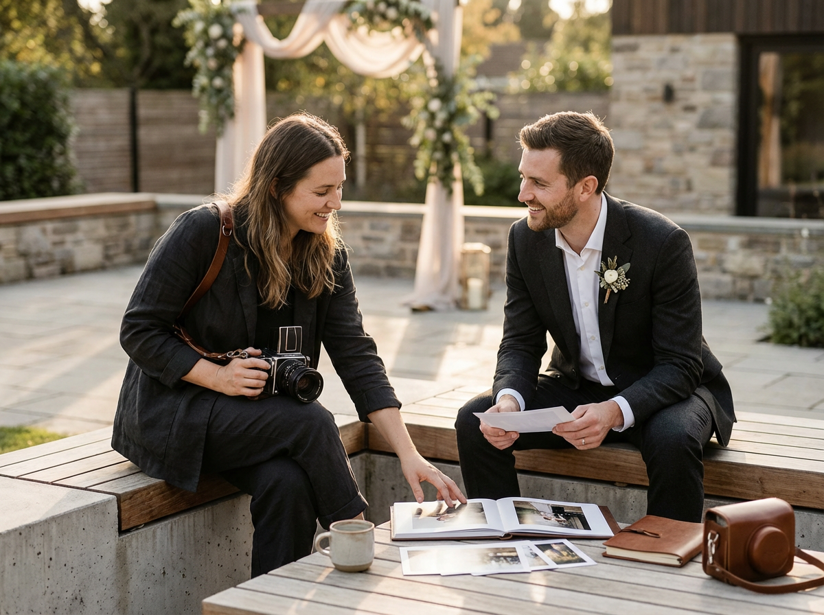 A man in a black suit with a boutonniere and a woman in a black blazer sitting on a bench outdoors, sharing photographs and enjoying a conversation with a camera and albums in front of them.