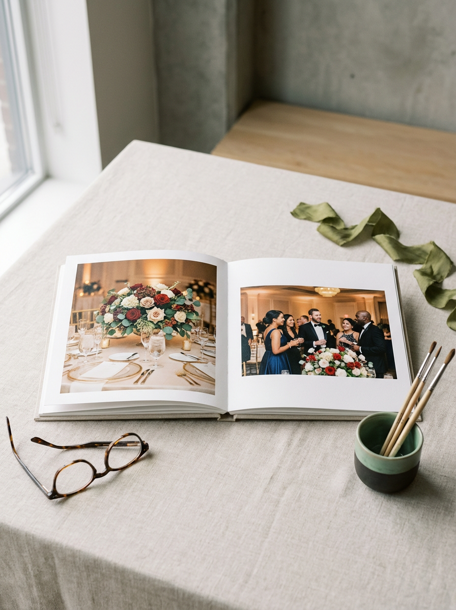 Open photo album on a table showing a floral centerpiece and guests at a wedding reception, glasses, and table settings at the same event.