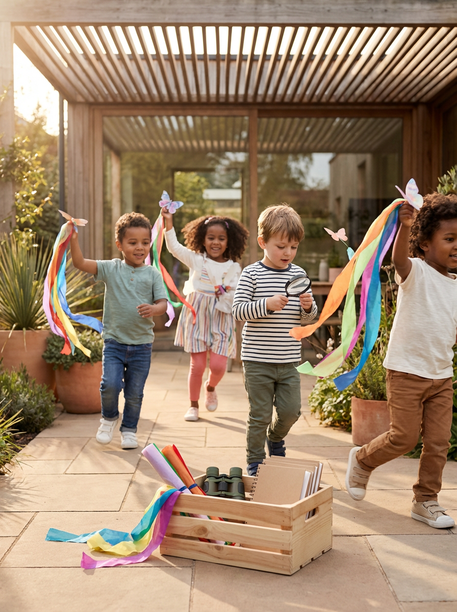 Children playing outdoors with rainbow-colored ribbons, holding paper butterflies, with a wooden crate of art supplies on a patio at sunset.