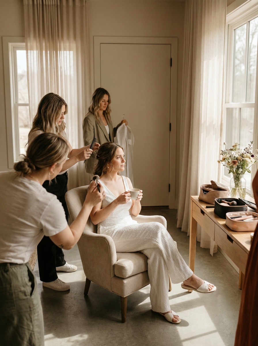 A woman is sitting in a beige armchair, holding a cup, getting ready for her day as her hair is styled by a hairstylist. Two other women are nearby, one with a makeup brush, and another combing her hair, with other beauty products and brushes on a wooden table.