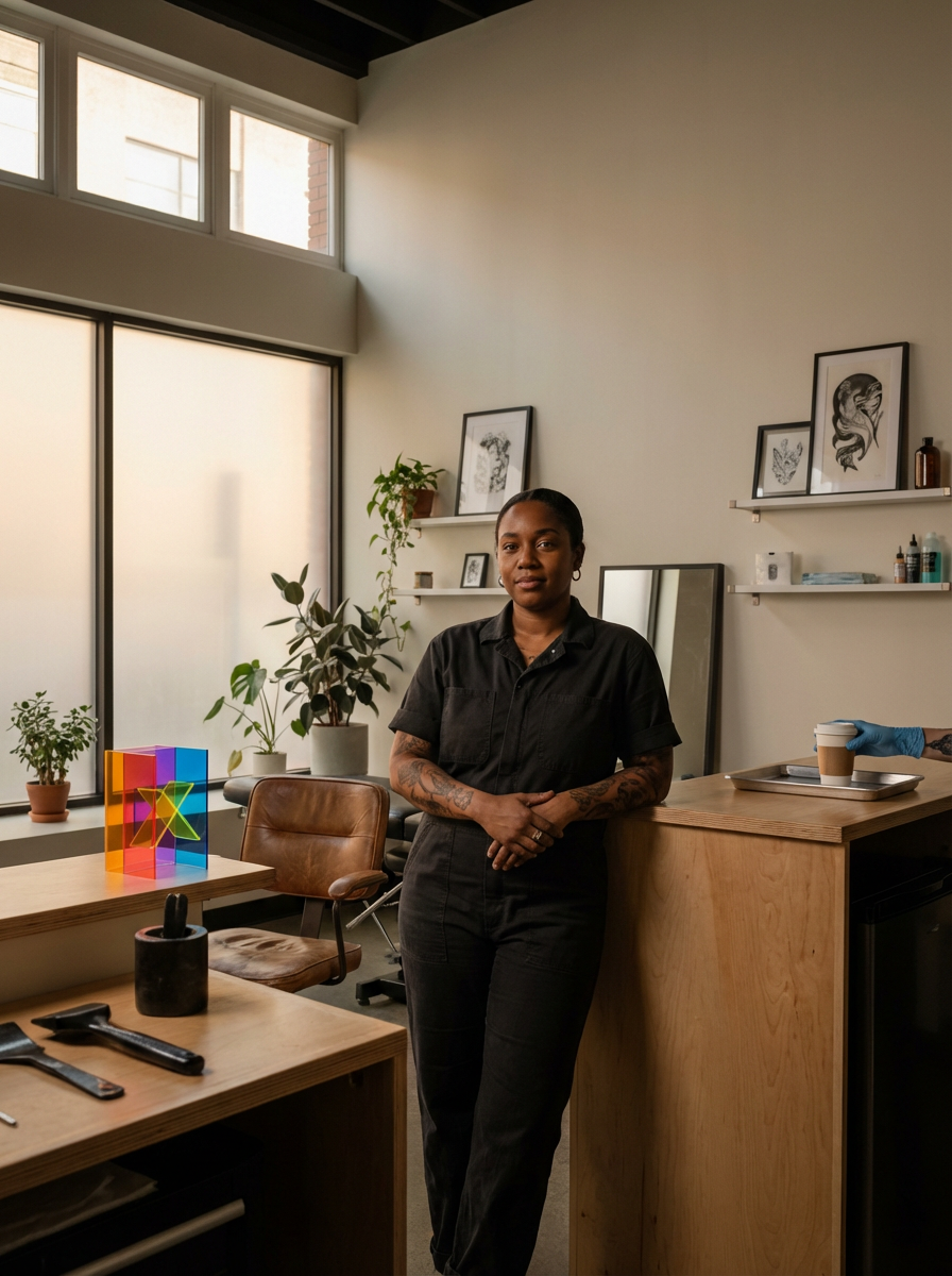 A woman in black scrubs standing in a modern, well-lit office or studio space with decorated walls, plants, artwork, a mirror, and a desk with coffee cups and tools.