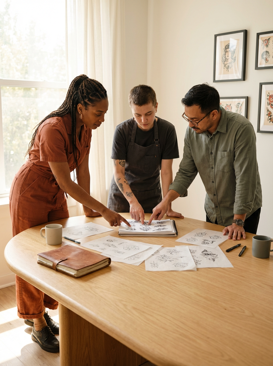 Three people are gathered around a wooden table, reviewing sketches and drawings of tattoos. Two men and one woman are pointing at the designs, with coffee mugs, pens, and a closed leather-bound book on the table. The room has framed art on the wall and a large window with curtains, filling the space with natural light.