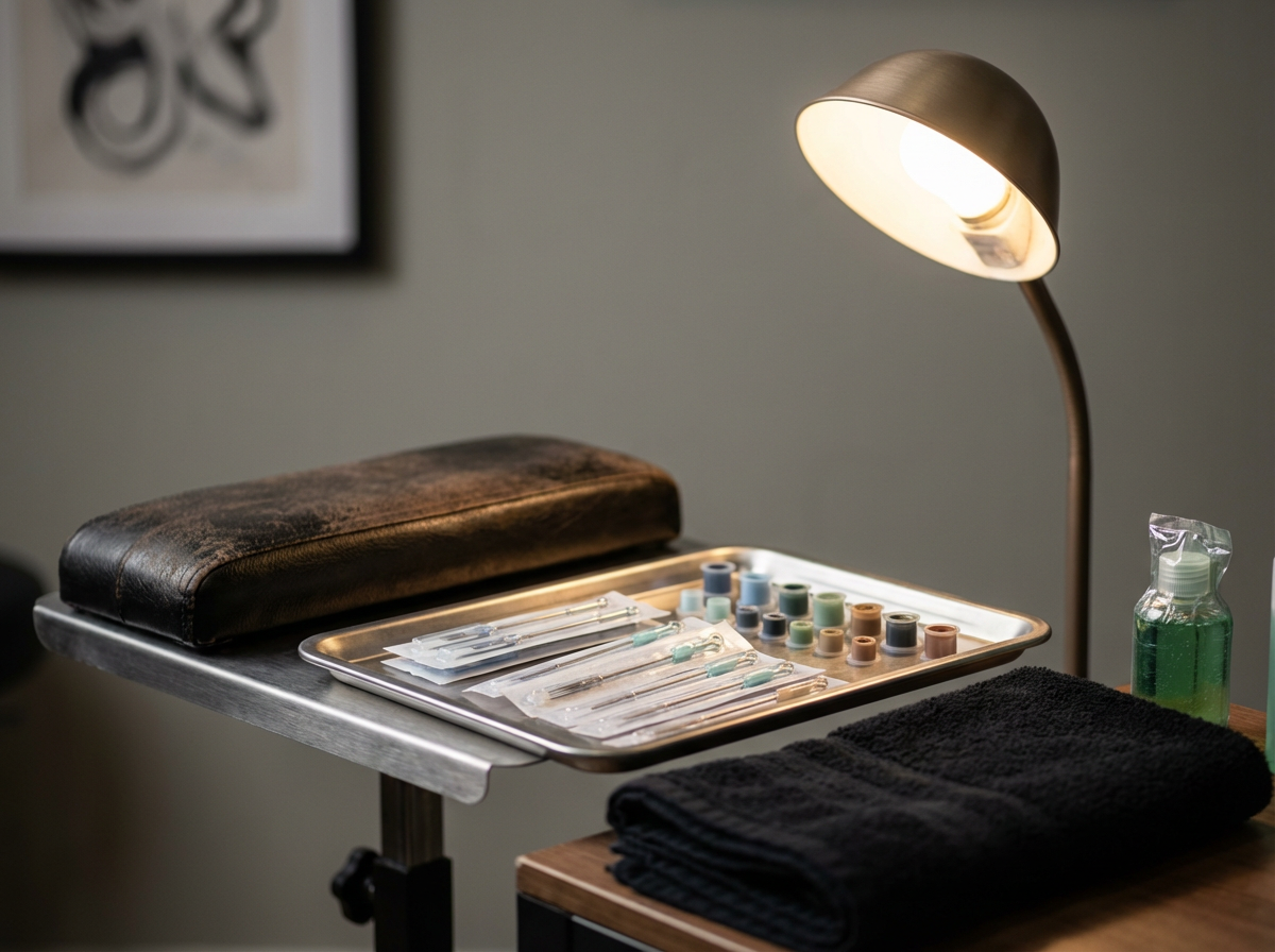 Nail salon equipment including a pad with various nail polish colors, tinted nail gels, and manicure tools, with a black towel, a green bottle of hand sanitizer, and a vintage brown leather armrest, illuminated by a desk lamp.
