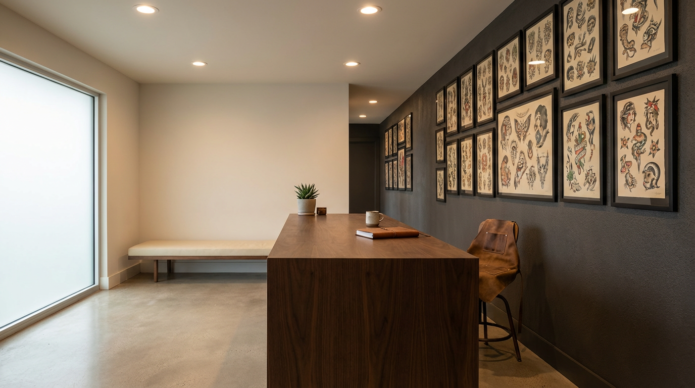 Modern interior space with a wooden counter, a potted plant, a notebook, a coffee mug, and a leather chair. Framed tattoo-style art covers the dark gray wall. A white bench is against a white wall near large frosted glass doors.