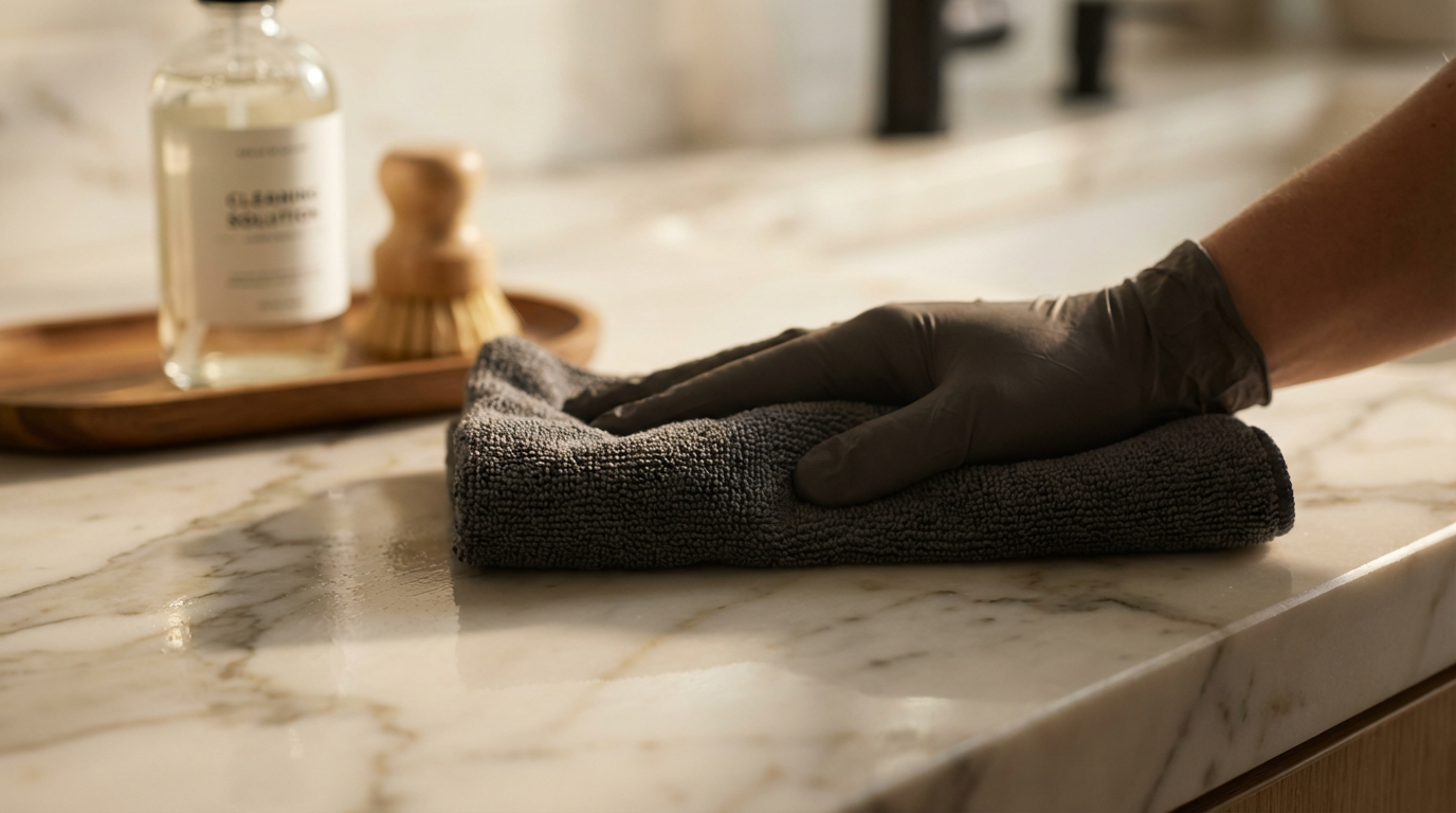 A person wearing black gloves is wiping a marble countertop with a dark gray cloth.