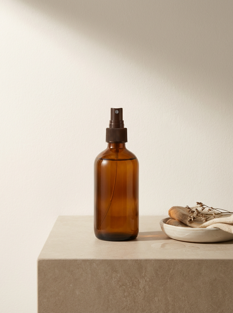 An amber spray bottle on a beige surface with a plate of folded napkins and dried flowers beside it.