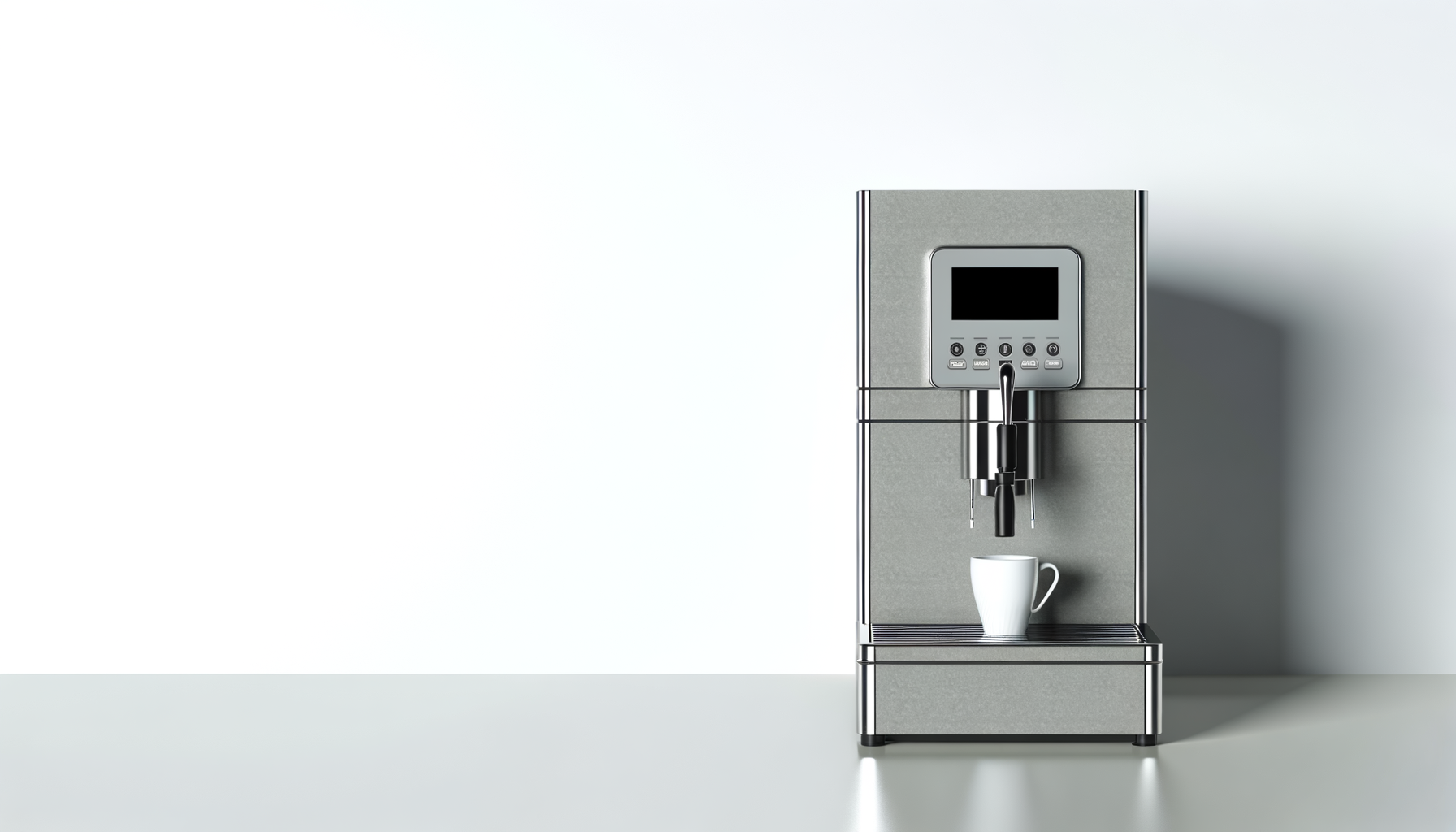 A modern, silver coffee vending machine with a digital display, buttons, and a spout, positioned next to a white mug on a drip tray.