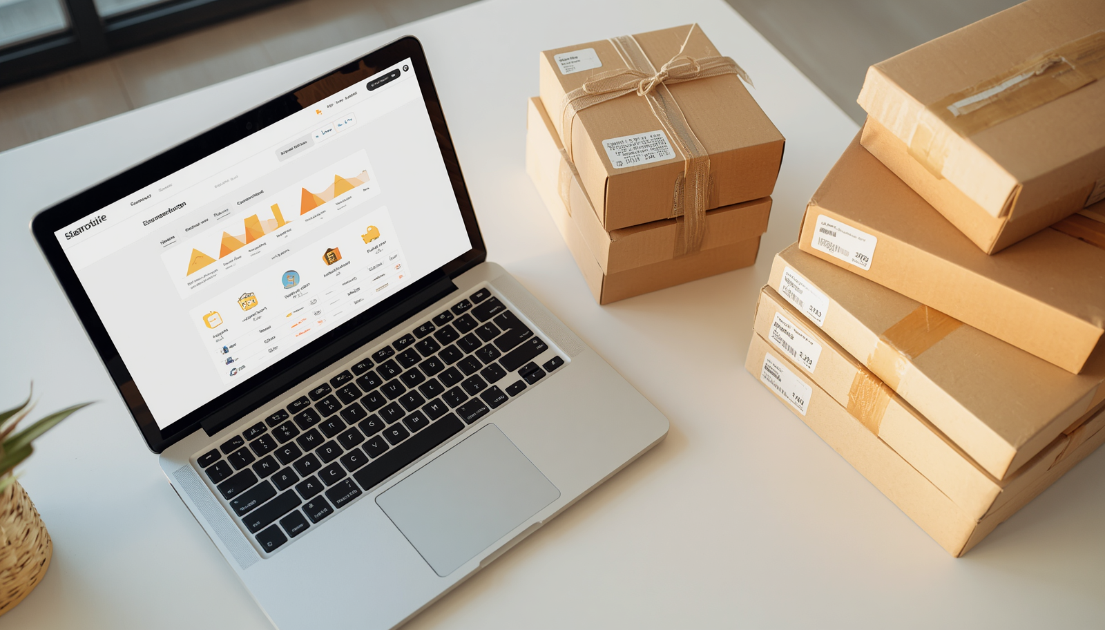 Overhead or angled photo of a desk with a laptop open showing a simple ecommerce dashboard, next to neatly stacked cardboard shipping boxes and a shipping label or tape roll, warm natural lighting, clean minimal w (1).jpg