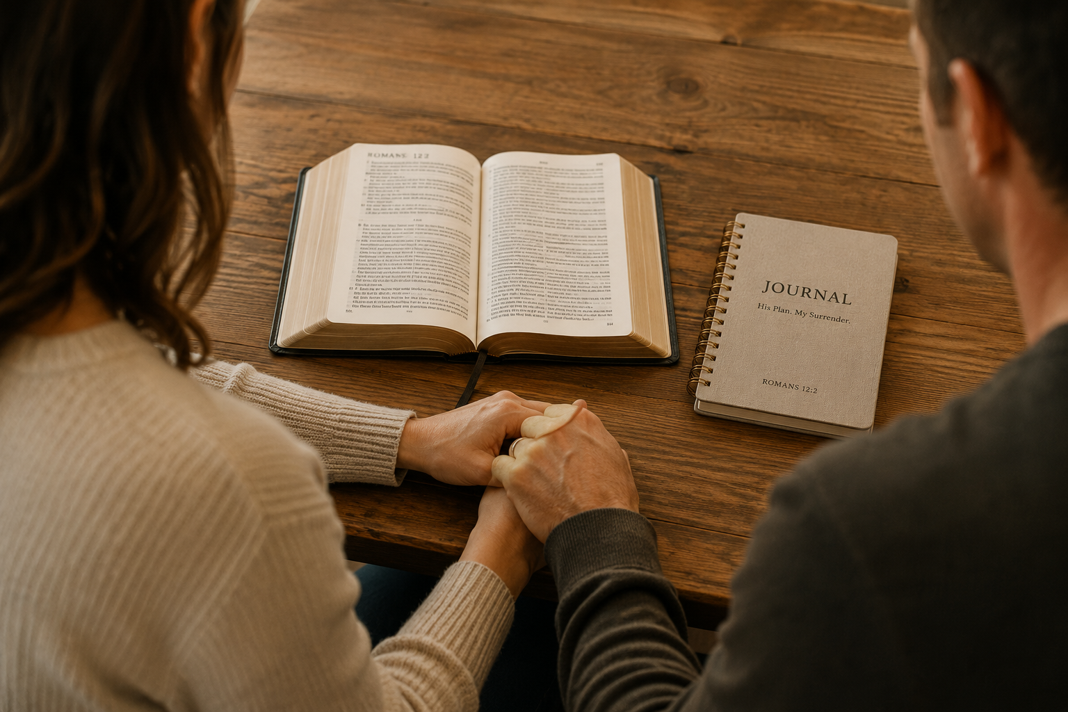 A couple holding hands on a wooden table with open Bible, journal, and praying.