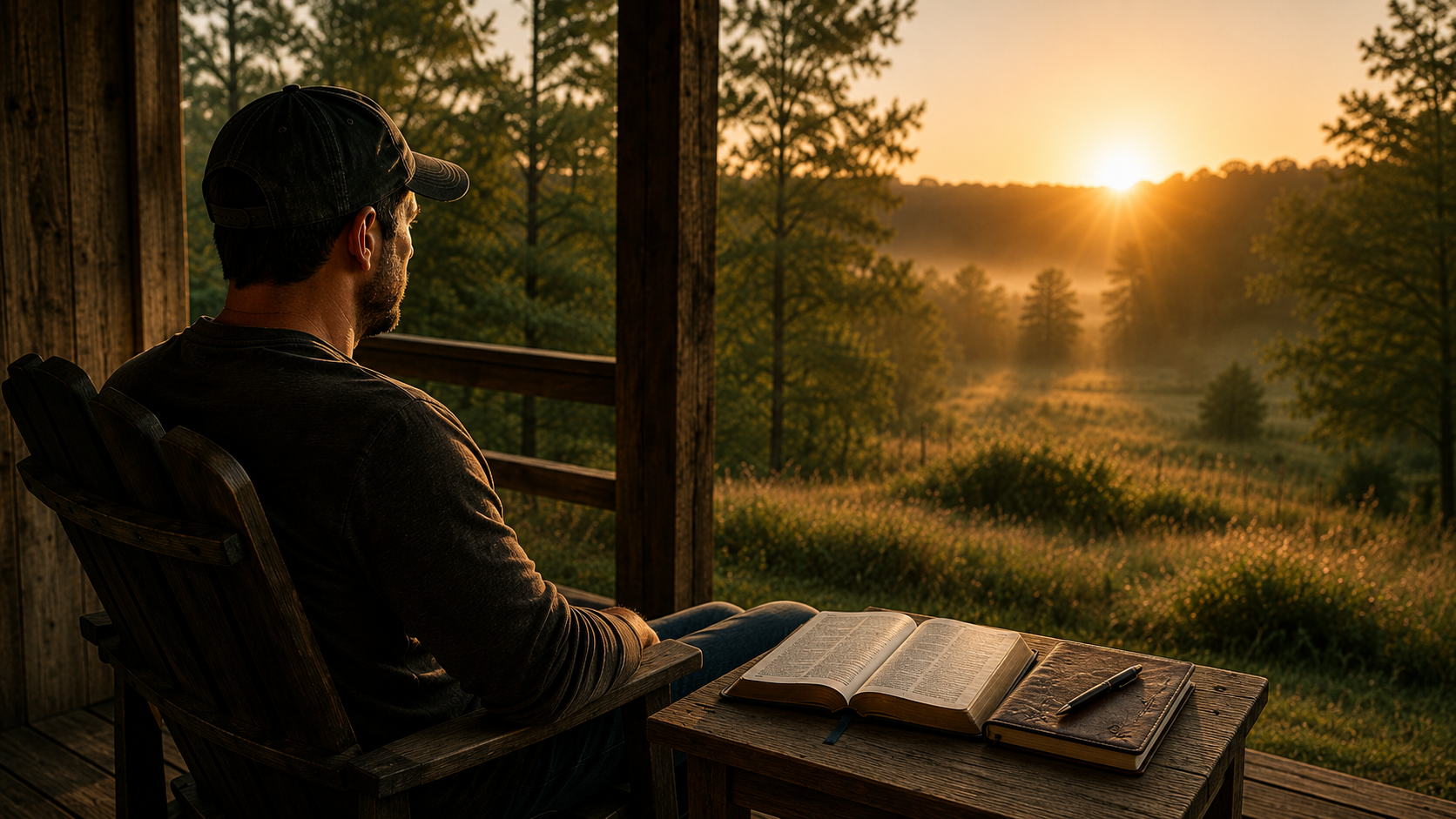 A man wearing a baseball cap sitting on a wooden porch, reading a book, overlooking a sunrise over a lush, green forest.