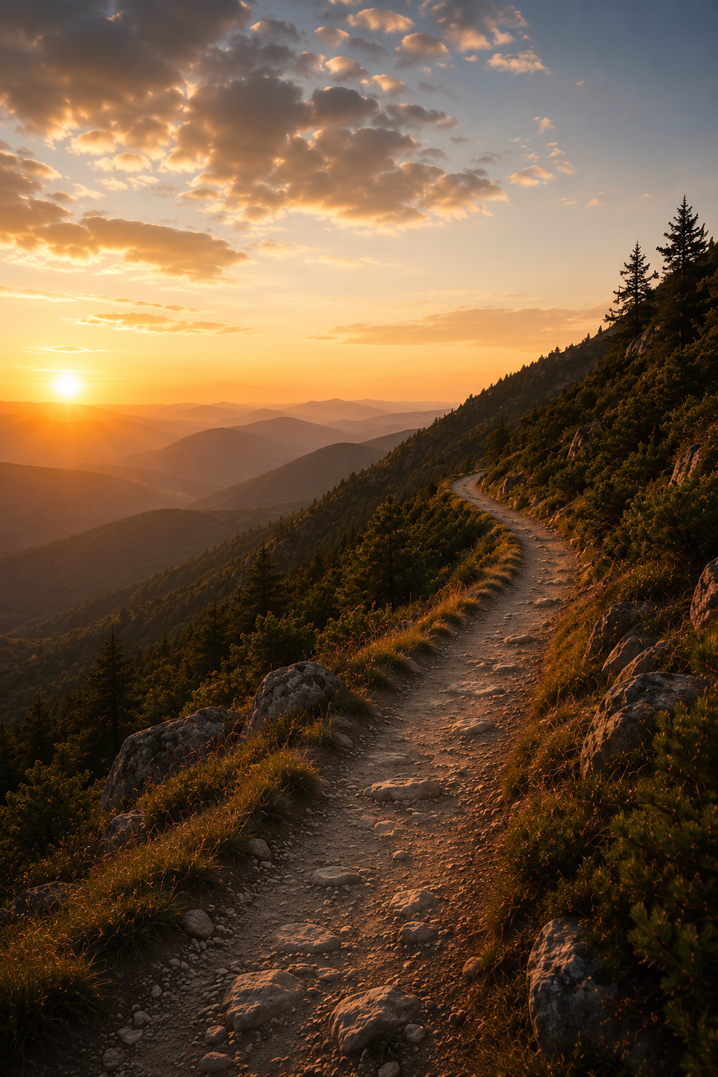 A winding mountain trail at sunset, with the sun near the horizon and a partly cloudy sky, surrounded by trees and rocky terrain.
