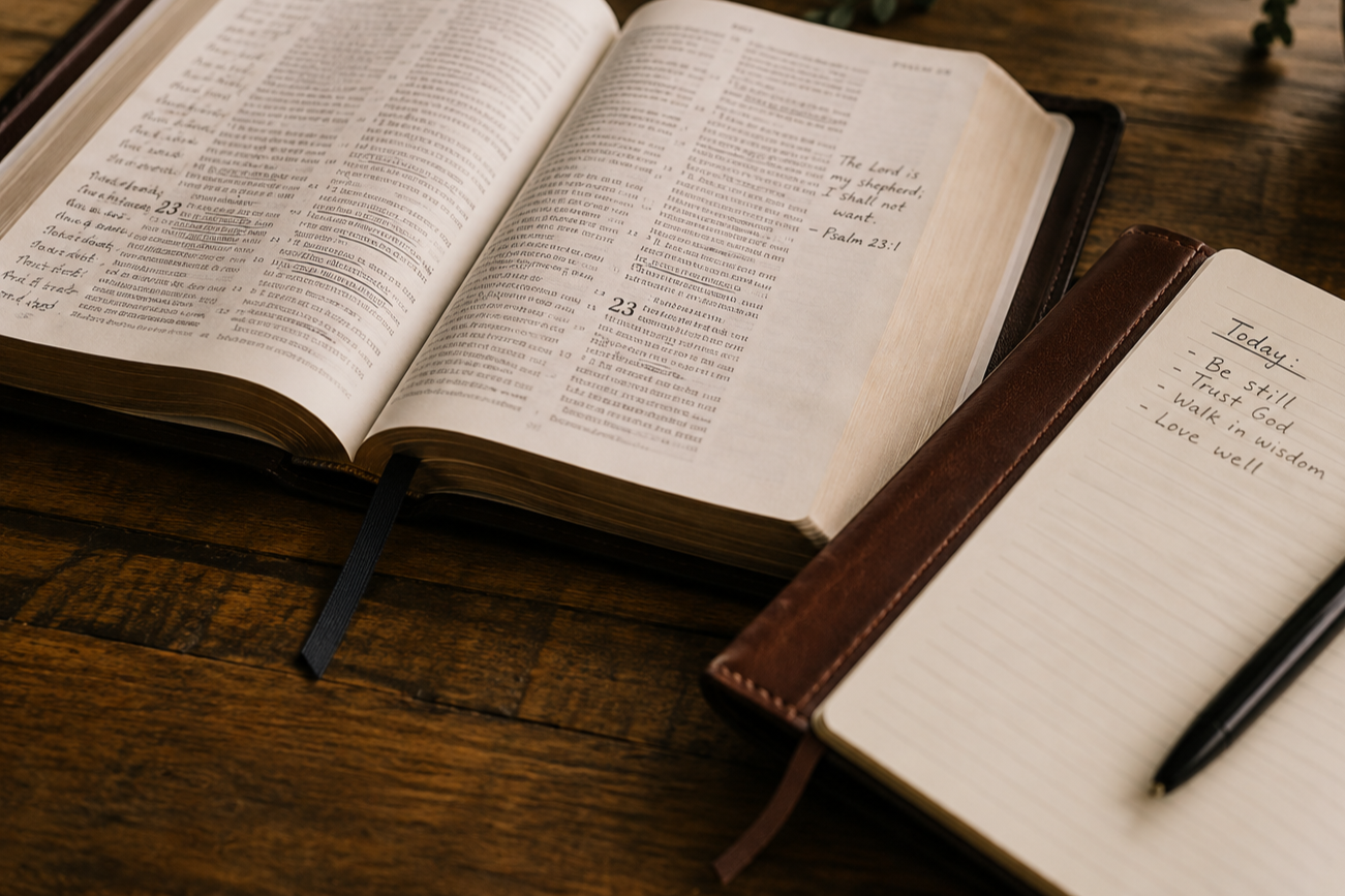 Open Bible with pencil wallet and handwritten notes on a wooden table.