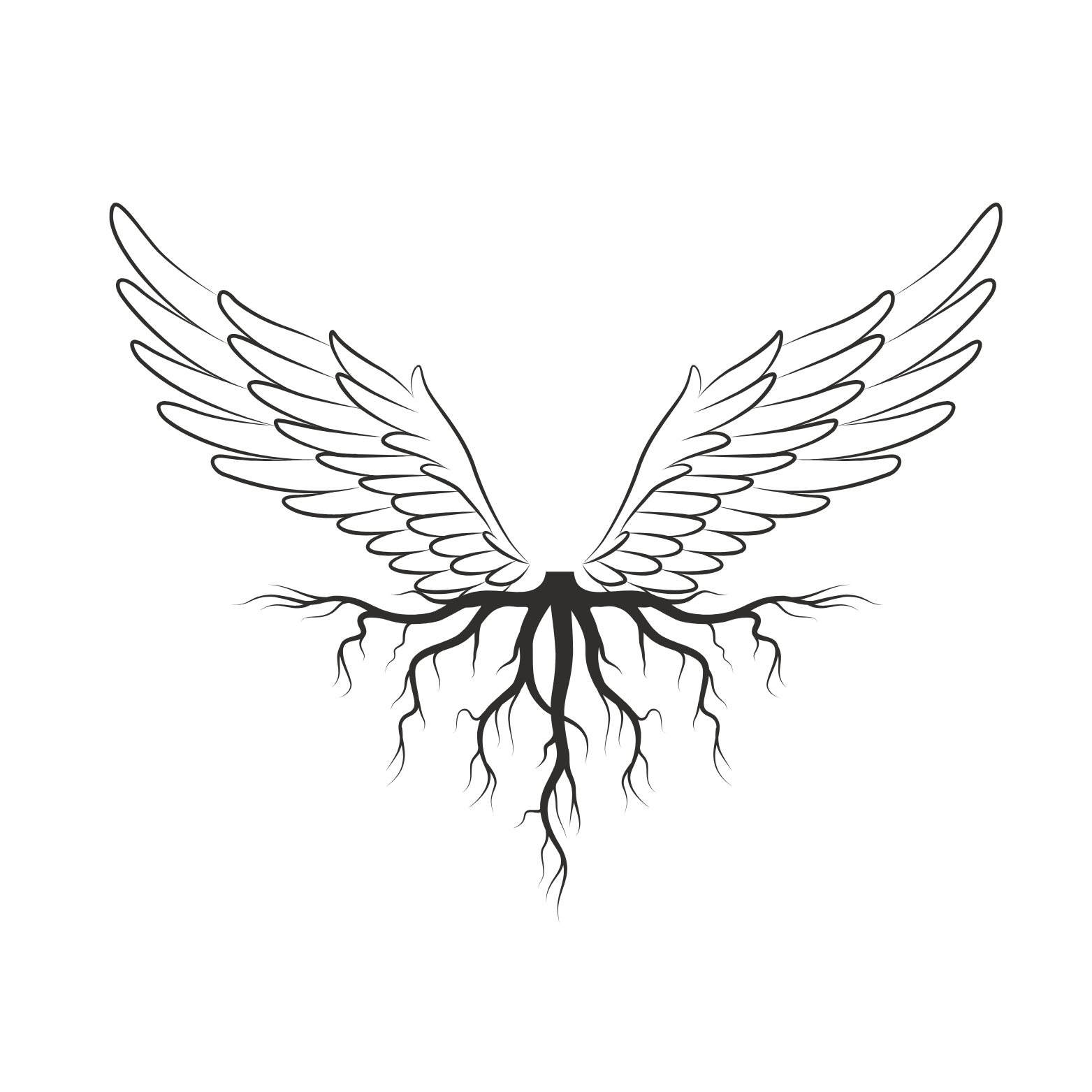 Black and white illustration of a bird with outstretched wings, with roots depicted below its body.