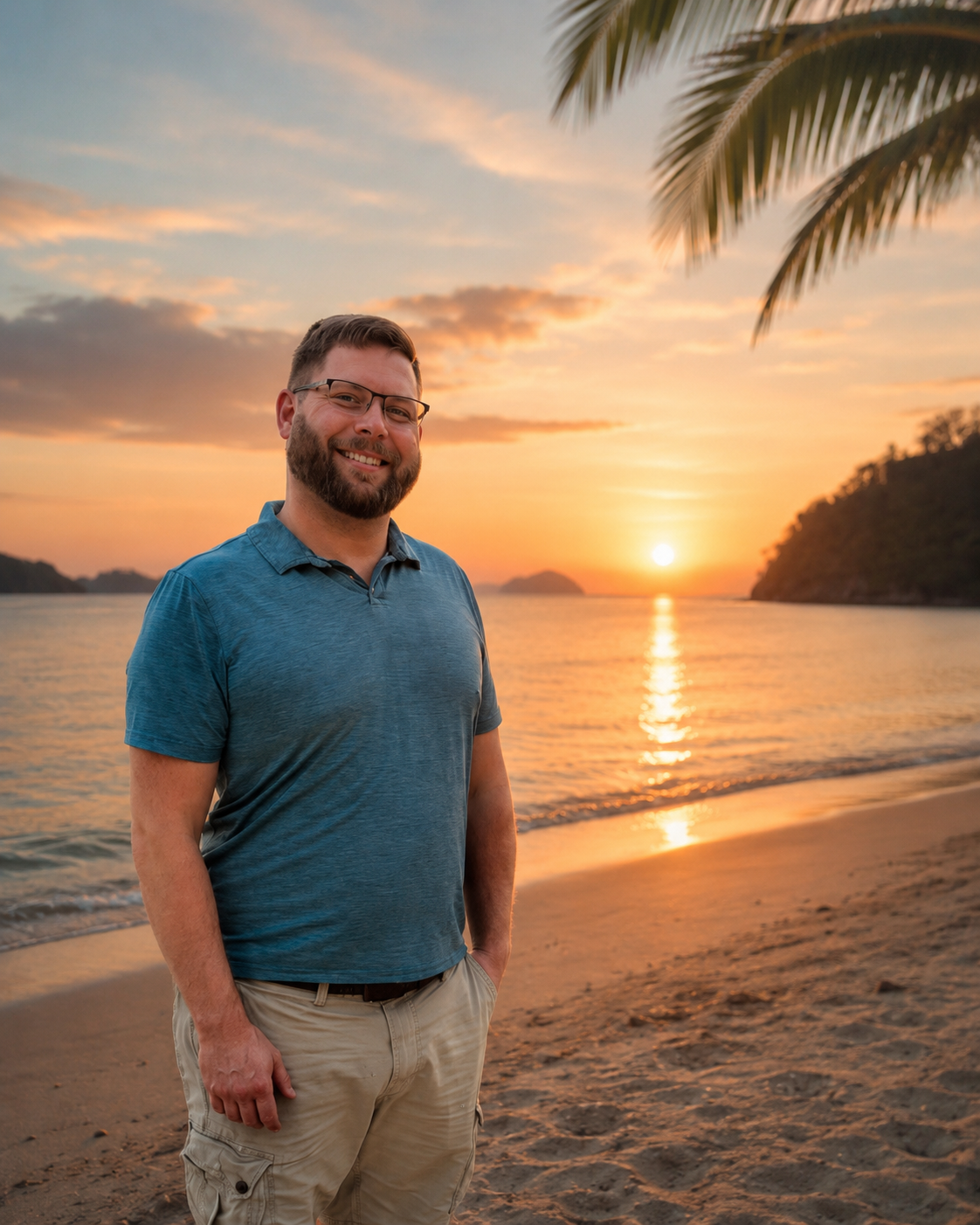 A smiling man with glasses, a blue polo shirt, and beige shorts standing on a beach at sunset, with palm tree leaves visible, and a calm body of water with small islands in the background.