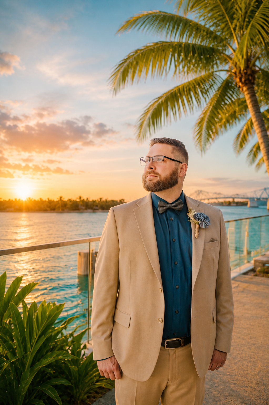 A man with glasses and a beard wearing a tan suit, dark blue shirt, and a bow tie with a boutonniere, standing outdoors near water and palm trees during a sunset.
