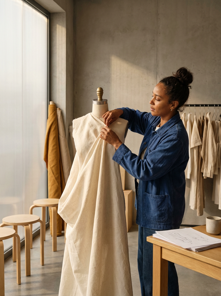 A woman in a denim jacket working on a dress form in a sewing studio with fabric and sketches.