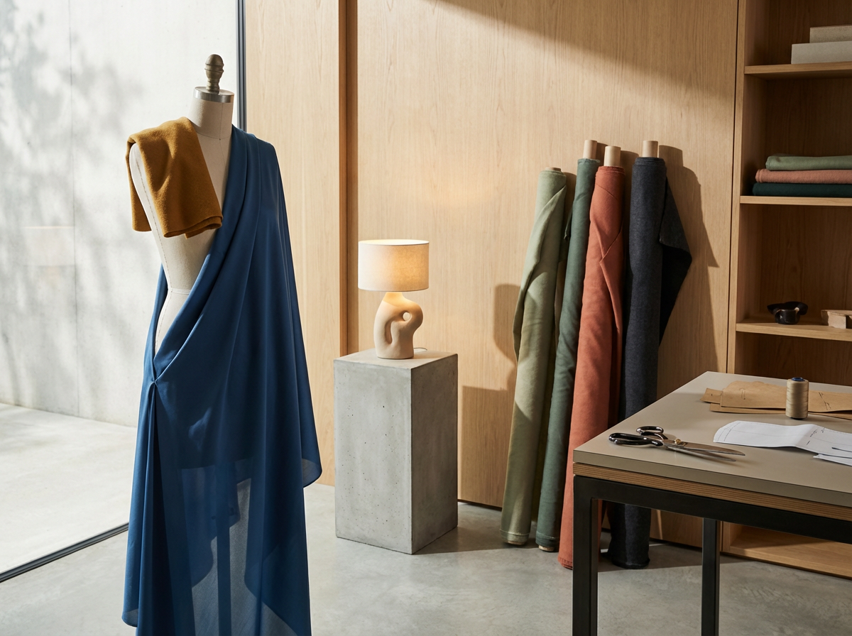 The image shows a mannequin dressed in a blue dress with an orange-brown scarf draped over its shoulder, positioned near a large window. To the right, there are several rolls of fabric hanging on a rack, a small table with scissors, a spool of thread, and some fabric patterns, against a wooden wall with shelves.