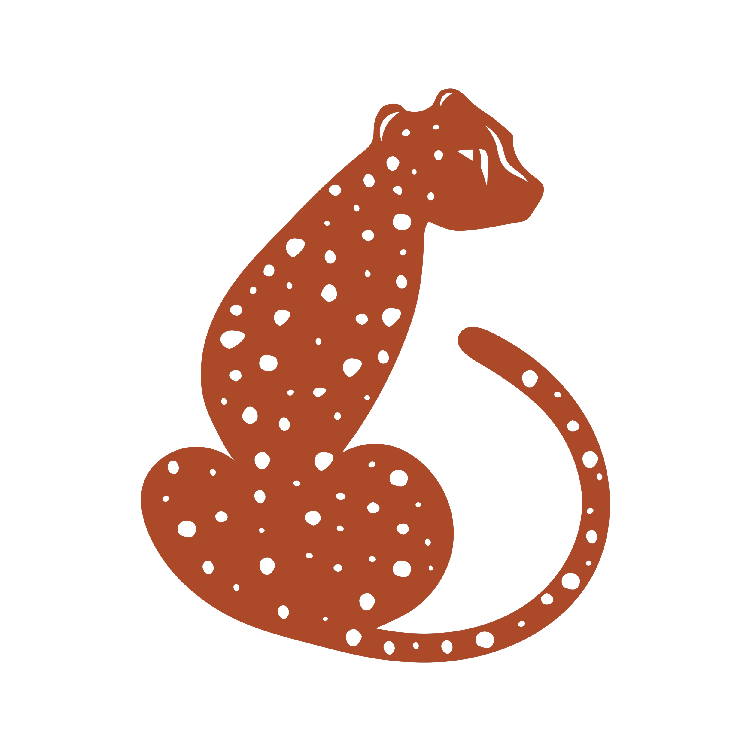 Illustration of a cheetah with a raised tail, brown fur with black spots, against a black background.