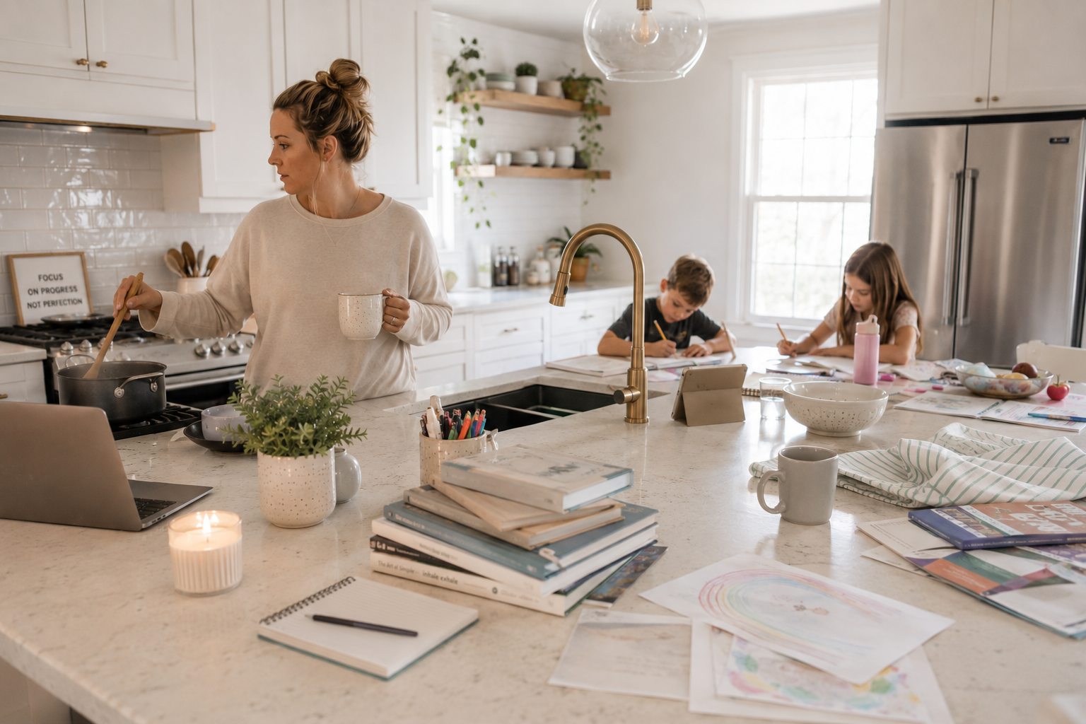 A overwhelmed woman in a light sweater cooking on the stove while holding a mug, with two children doing school work at a kitchen island counter, surrounded by books, papers, and kitchen items in a bright, modern kitchen.