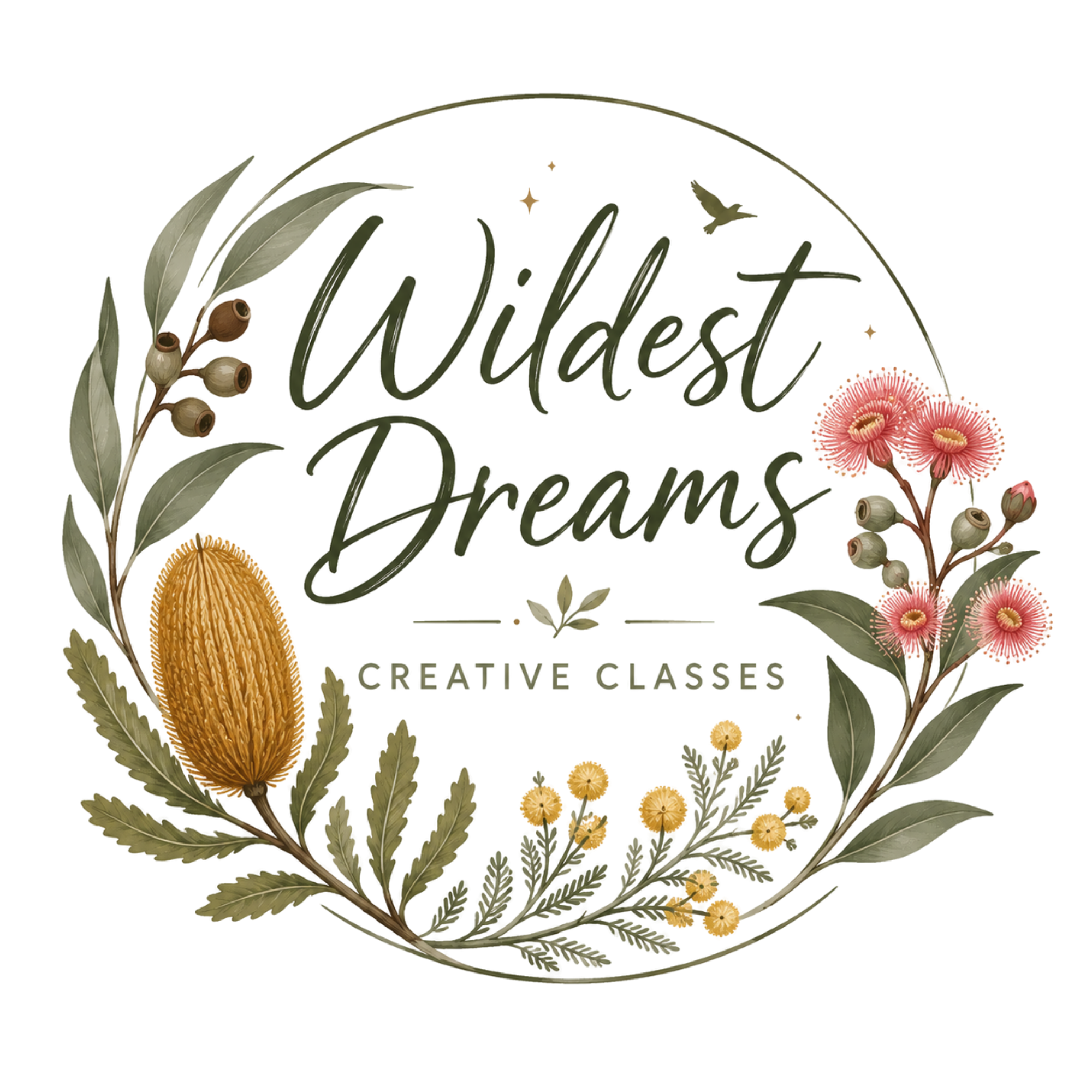 Decorative floral design with green leaves, pink flowers, yellow blossoms, pinecone, and a circular gold outline with stars, accompanying text "Wildest Dreams Creative Classes" in a script font.