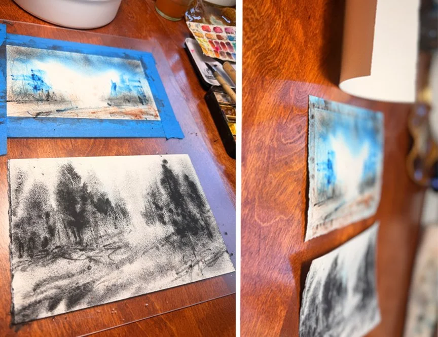       
  
    The Experiment  For this FIELD NOTES experiment, I used two pieces of Arches watercolor paper cut from a roll, each measuring approximately 5 × 7 inches.  I placed both pieces on a smooth plastic board, then completely wet the front and