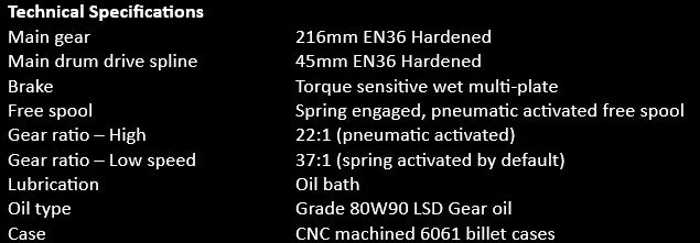 Technical specifications for Assault winches model X42SP, including gear, drive spline, brake, free spool, gear ratios, lubrication, oil type, and case details.