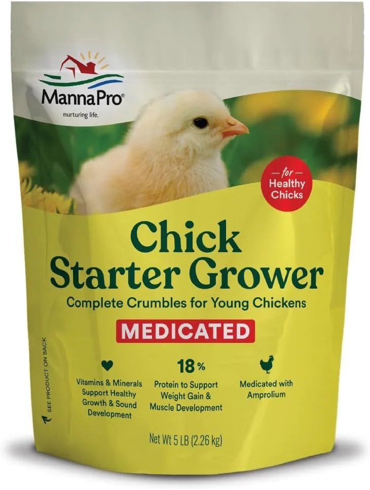 First food for my chicks – Manna Pro Medicated Chick Starter Grower Feed, Dried High Protein Chicken Food Crumbles with Amprolium for Coccidiosis Prevention, Complete Chicken Feed for Baby Chicks – 5 lb Bag. They ate this so fast that I had to get a 