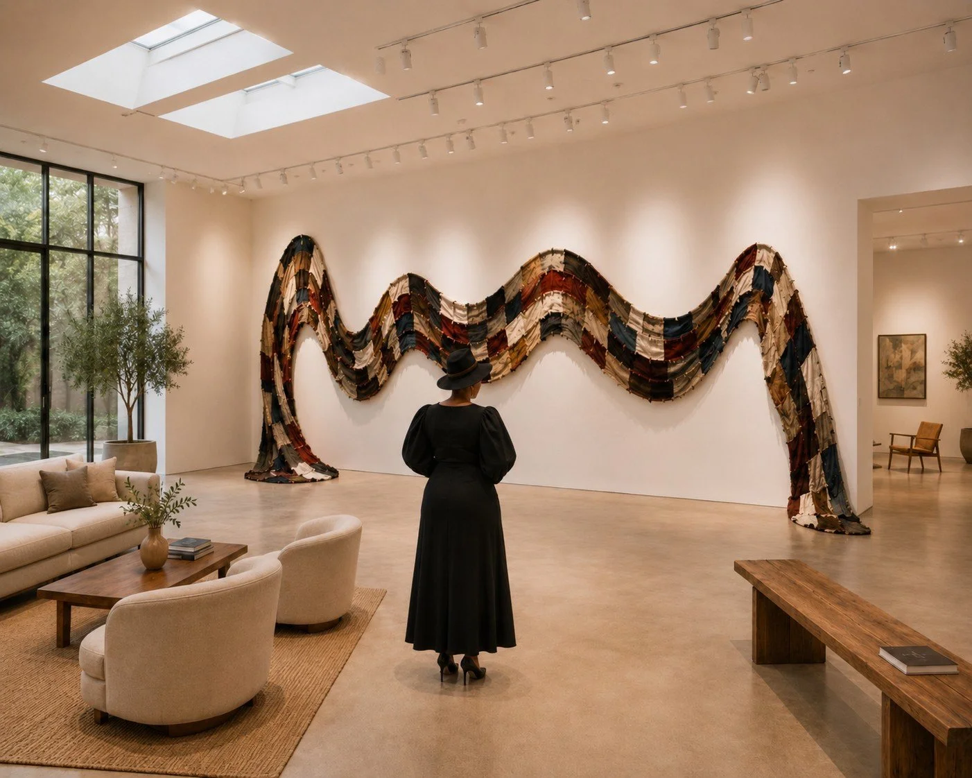 Déployée à l'échelle de l'espace, cette installation explore la fluidité du textile à travers une ligne continue.
