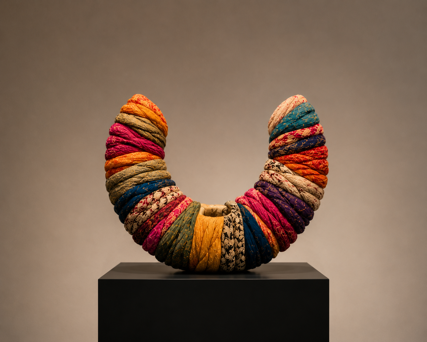 Une explosion de couleurs et de matières qui célèbre la richesse du textile. Les tissus s'entrelacent dans un volume organique, révélant une œuvre vibrante où chaque fragment raconte une histoire et participe à un équilibre d'ensemble.