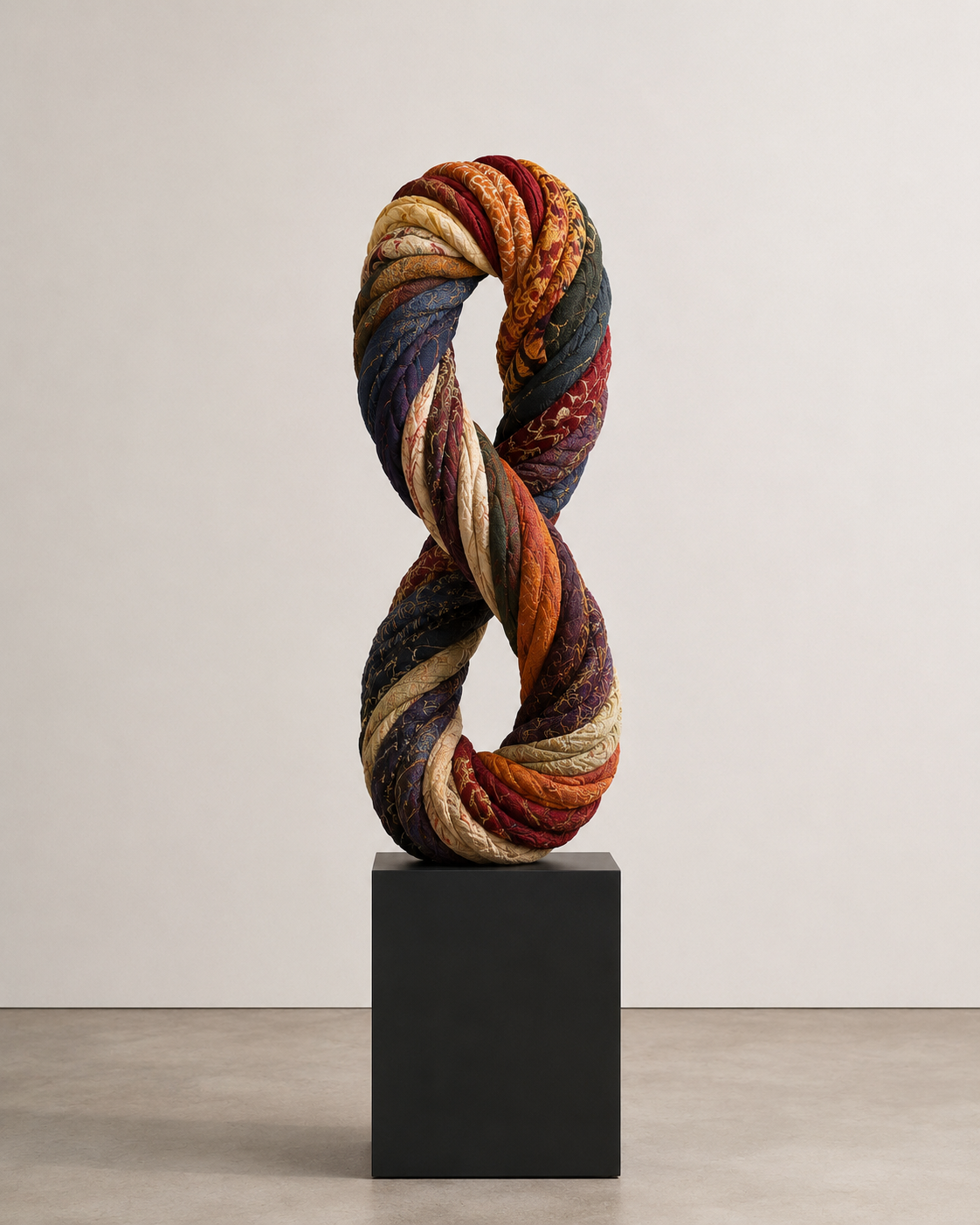 Deux lignes s'entrelacent dans un mouvement continu, évoquant le lien, la transmission et l'éternel recommencement. Les étoffes se fondent en une forme fluide où le textile devient une sculpture de mouvement et d'harmonie.