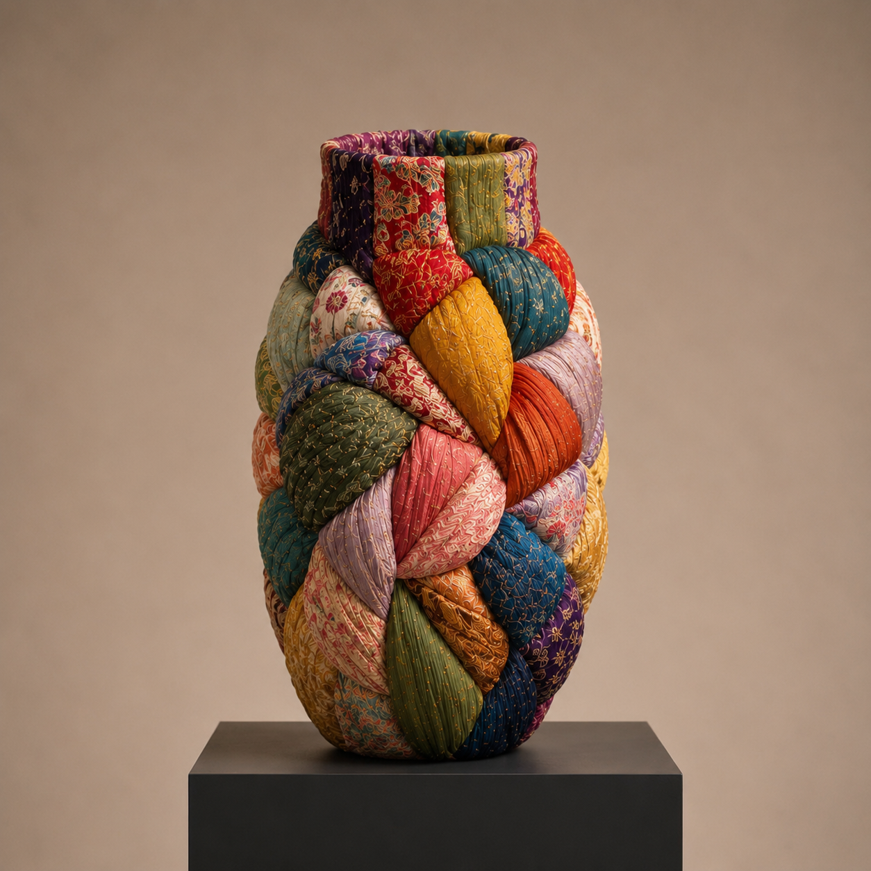 Inspirée des formes de la céramique traditionnelle, cette sculpture revisite l'objet utilitaire pour en faire une présence sculpturale. Les étoffes assemblées créent une architecture souple où mémoire, artisanat et contemporanéité dialoguent.