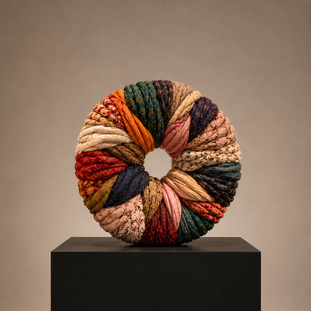 Un cercle sans commencement ni fin, symbole de continuité et de renouveau. Les multiples étoffes composent un volume dense où chaque texture enrichit l'ensemble, transformant le textile en une sculpture contemplative et intemporelle.