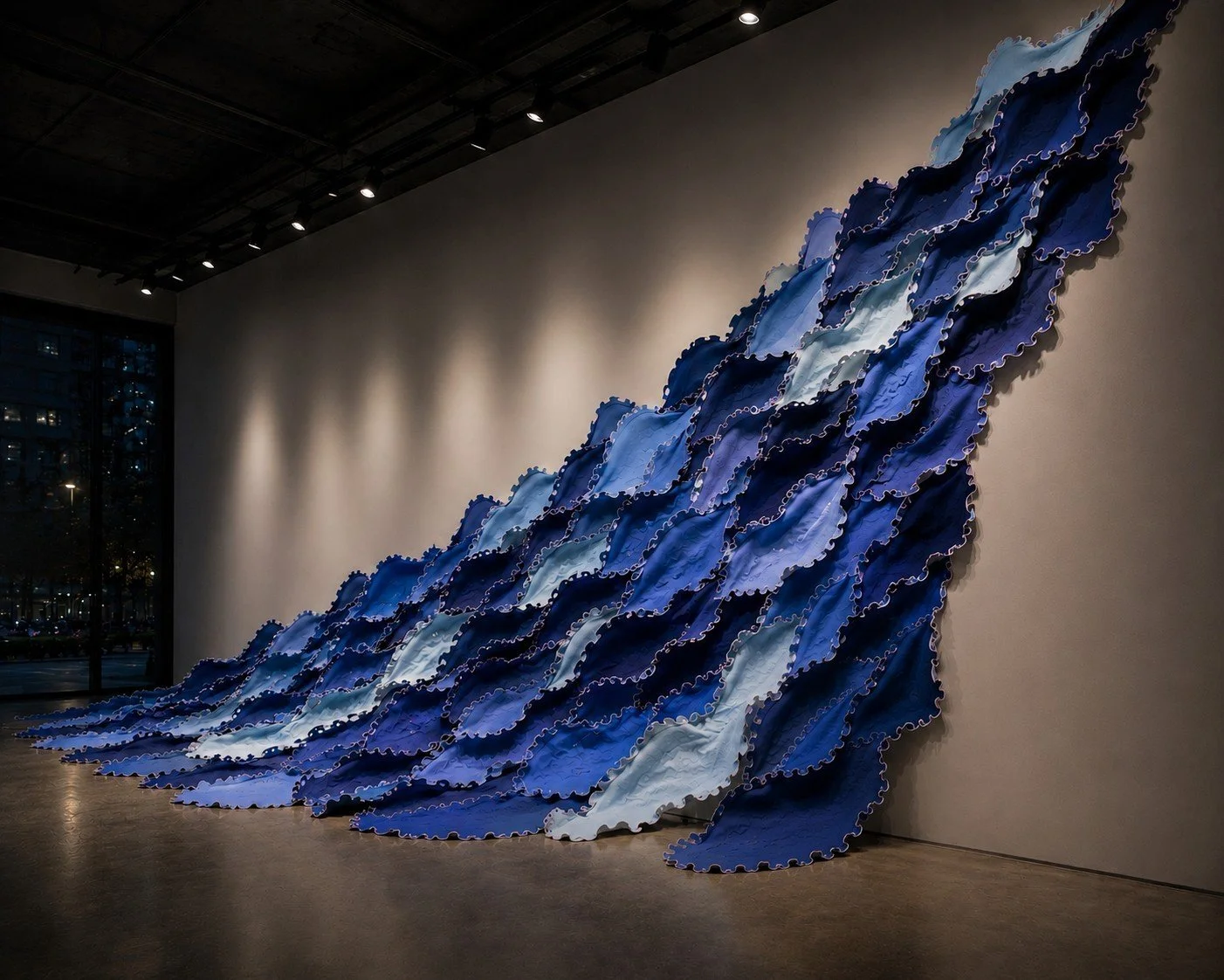 Une œuvre monumentale qui déploie un flux de textiles le long du mur, évoquant la puissance et la fluidité des courants marins.