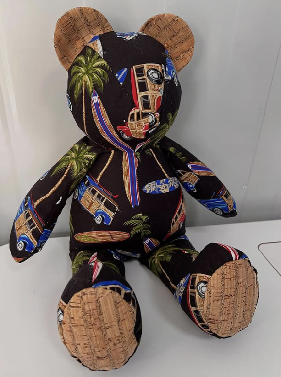 Huggable Memory bear handcrafted from treasured clothing and meaningful fabrics as part of the Legacy Re-Crafted Collection.