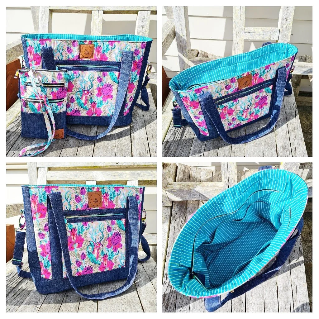 Custom handcrafted laptop bag made with fabric chosen by the customer, featuring denim accents, multiple pockets and a coordinating interior, from the uNiquely Hands Crafted Collection.