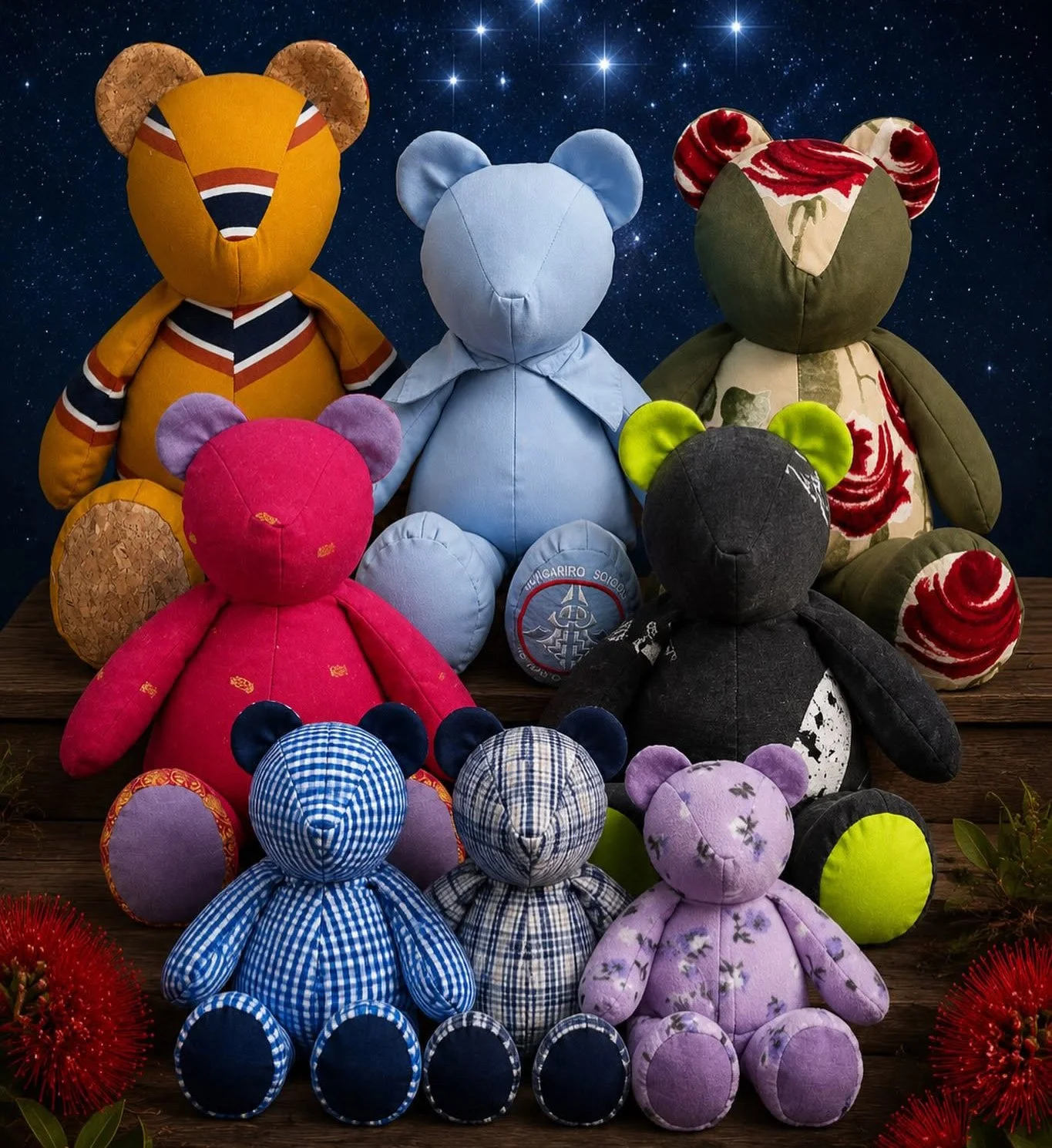 Colourful Huggable Memory bears handcrafted from treasured clothing and meaningful fabrics as part of the Legacy Re-Crafted Collection.