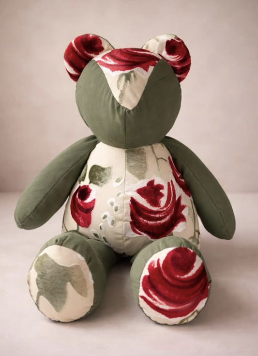 Huggable Memory bear handcrafted from treasured clothing and meaningful fabrics as part of the Legacy Re-Crafted Collection.