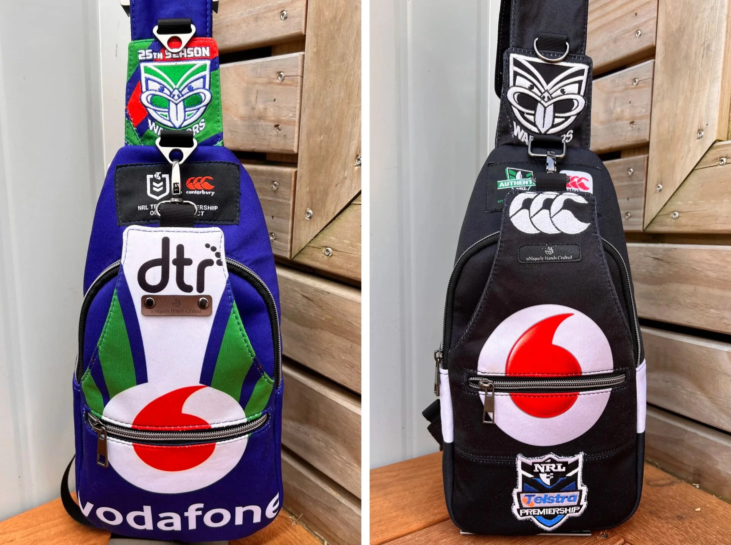 Two handcrafted bags created from treasured New Zealand Warriors rugby league jerseys, preserving the original team colours, logos and jersey details.