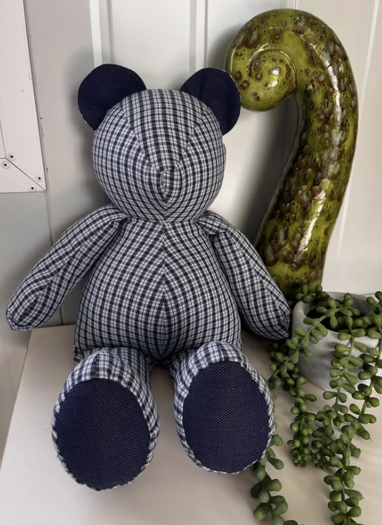 Huggable Memory bear handcrafted from treasured clothing and meaningful fabrics as part of the Legacy Re-Crafted Collection.