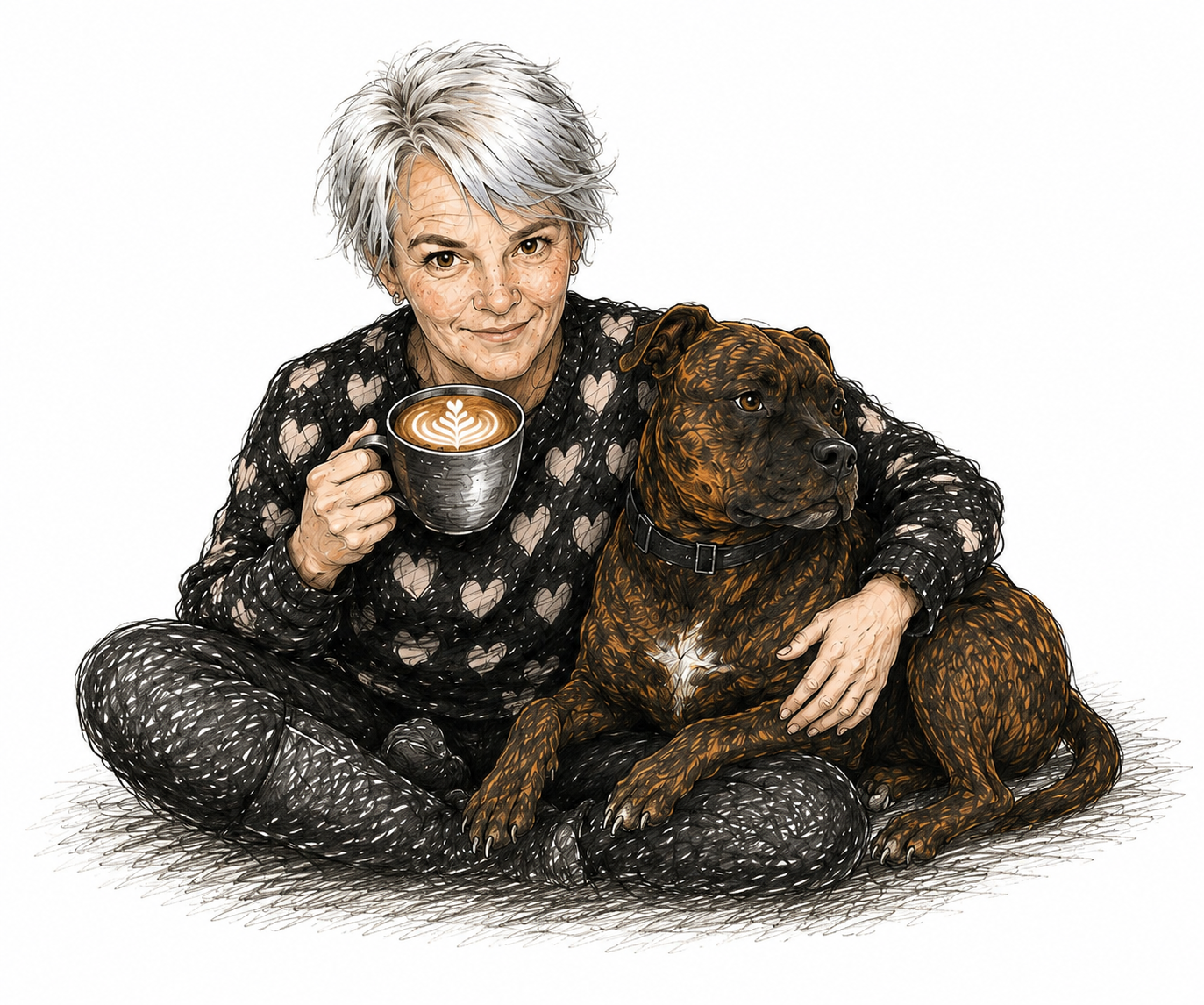 Illustration of Monique Hands, creator of uNiquely Hands Crafted, sharing a quiet moment with her beloved Staffy Mac.