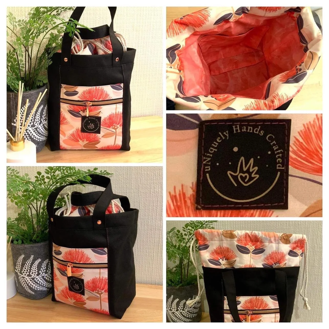 A black tote bag with floral patterned fabric featuring pink and orange flowers, showcasing both the outside and inside of the bag, tags, and the bag's design details, with background decor including a potted green plant and reed diffuser.