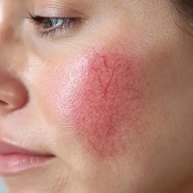 Close-up of a person's face showing a red, cracked rash on the cheek near the nose.